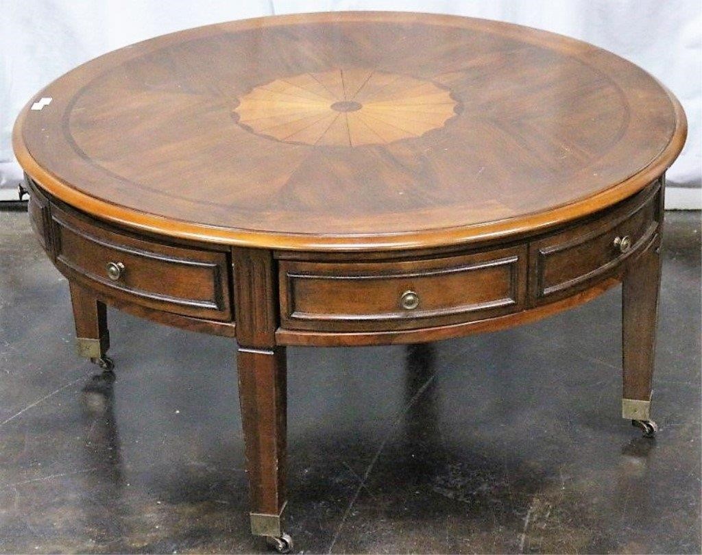 Round Coffee Table W Inlay Wood Design, Vintage Round Coffee Table With Drawers