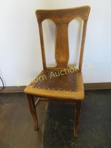 Vintage Oak Chair W Leather Seat, Antique Oak Chair With Leather Seat