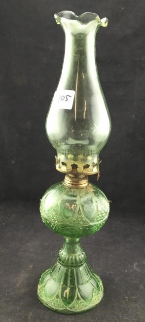Vintage Oil Lamp With Green Glass, Antique Green Glass Oil Lamp