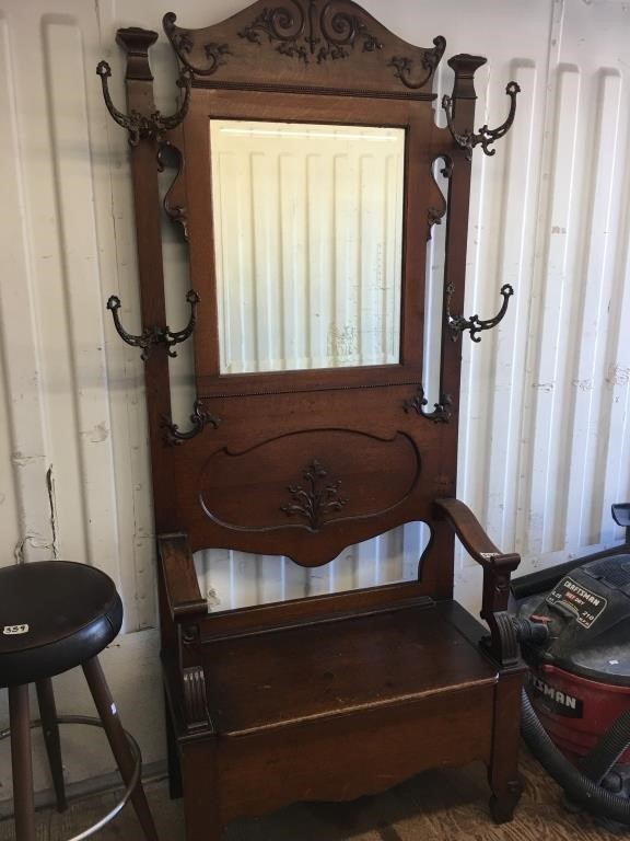 Very Nice Antique Entryway Bench And, Antique Coat Rack With Mirror And Seat