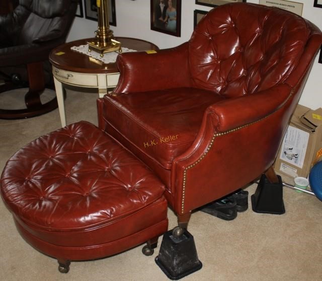 Red Tufted Leather Club Chair With, Red Leather Club Chair And Ottoman