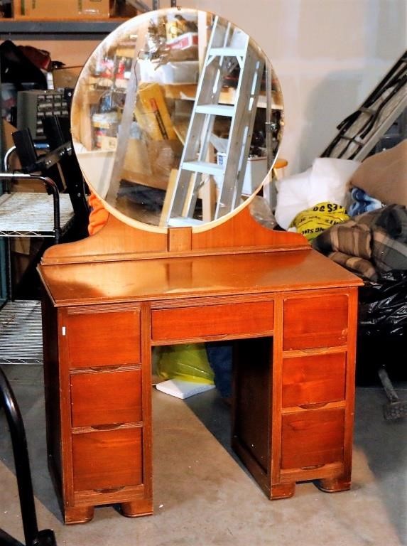Antique Vanity Desk W Round Mirror, Antique Dressing Table With Round Mirror