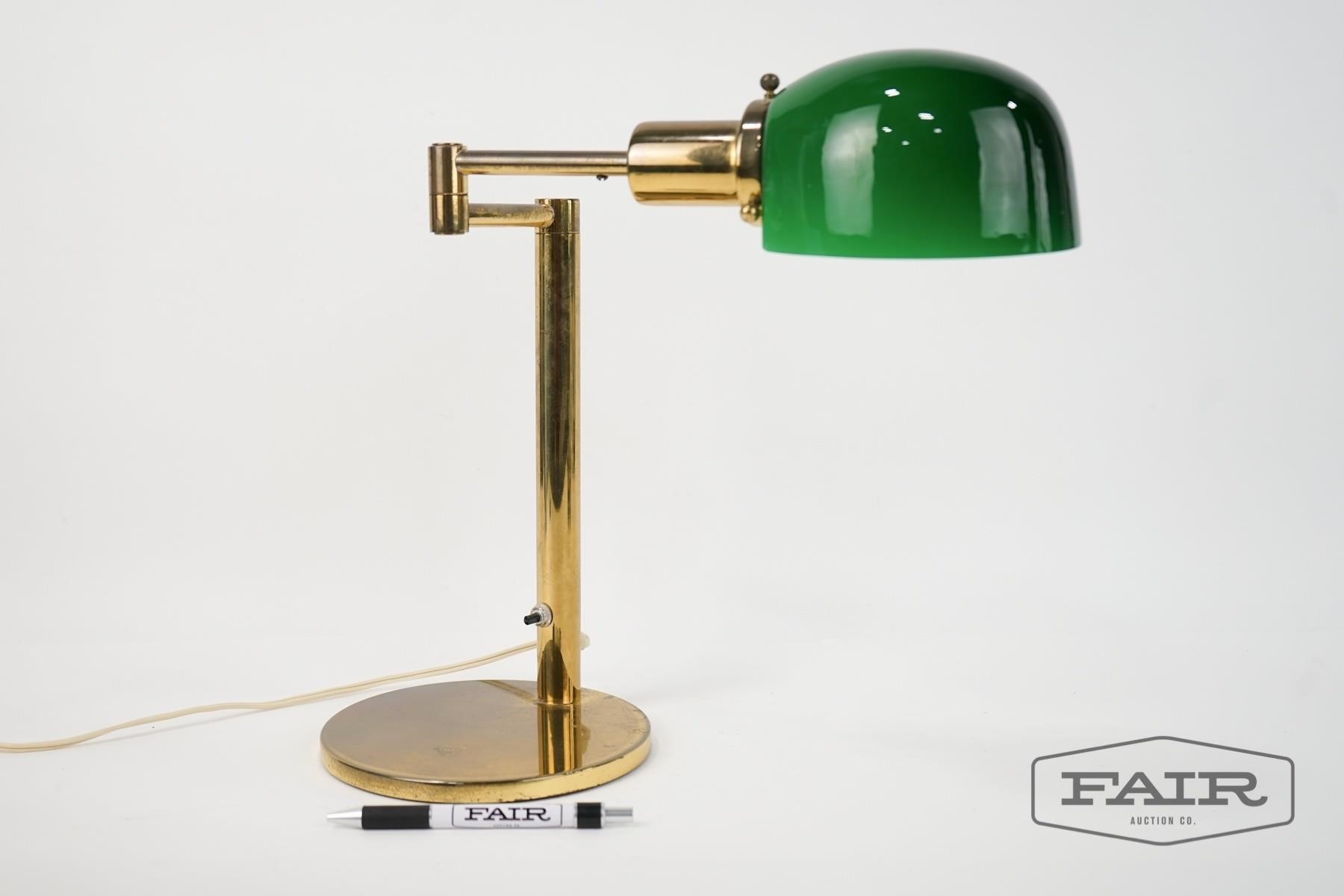 Green Glass Shade Swing Arm Brass Desk, Brass Desk Lamp With Green Glass Shade