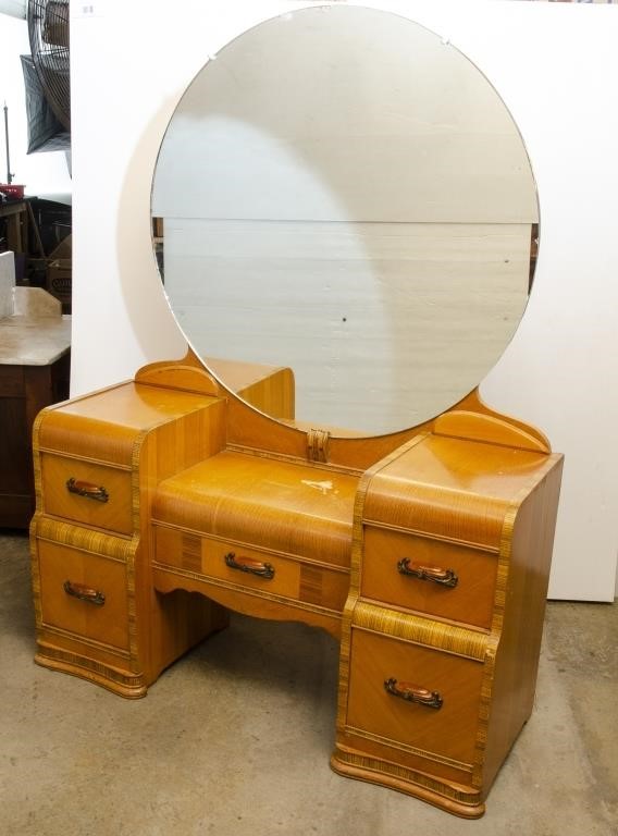 Art Deco Waterfall Vanity Dresser W, Art Deco Dresser With Round Mirror