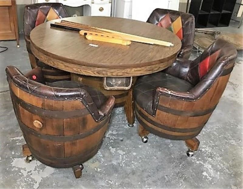 Vintage Barrel Game Table And Chair Set, Vintage Whiskey Barrel Table And Chairs