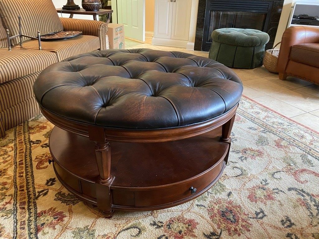 Tufted Leather And Wood Round Ottoman, Round Leather And Wood Ottoman