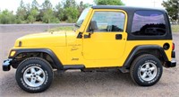 2001 Jeep Wrangler.  This item will be sold at live auction. More info and pics can be found in the catalog.  If unable to attend, you can place a MAX ABSENTEE BID simply by registering to bid, then go to catalog to bid.  Bidding opens 7/4/20, all Max bids must be placed by 6 am 7/18/20.  If you are the winning bidder, you will be notified immediately after the item is sold to make payment and pick up arrangements.