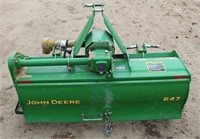 Lot # 5014. John Deere 647 Rototiller, 3-pt, pto, 4'.  Absentee bidding available on this item.  Click catalog tab for more information.