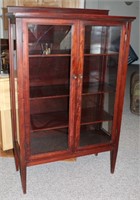 Vintage Tall Curio Cabinet, dark wood, (w/glass doors & wood shelves)