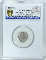 5C 1866/1866 REPUNCHED DATE FD-301. PCGS  MS65